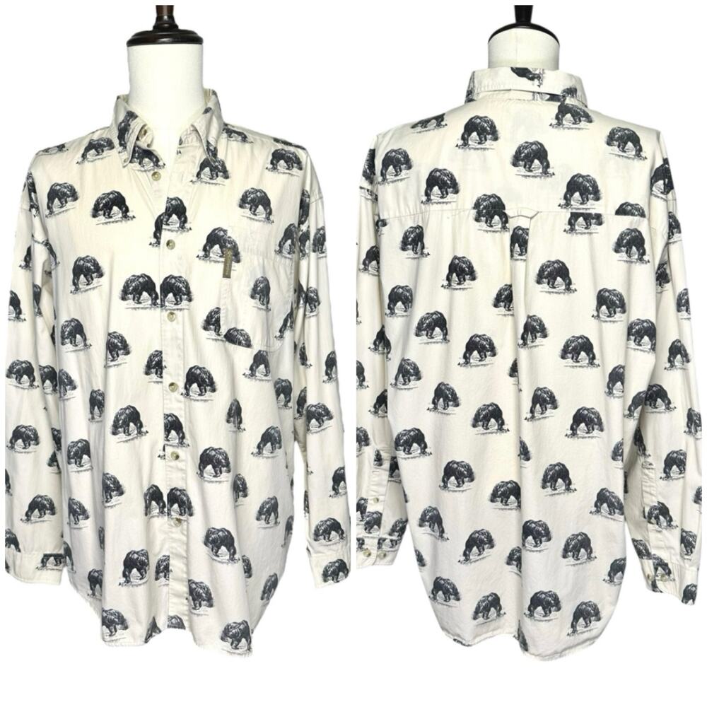 Columbia | Men | Cream Grizzly Bear Print Outdoor Cotton Button Down Shirt | XL